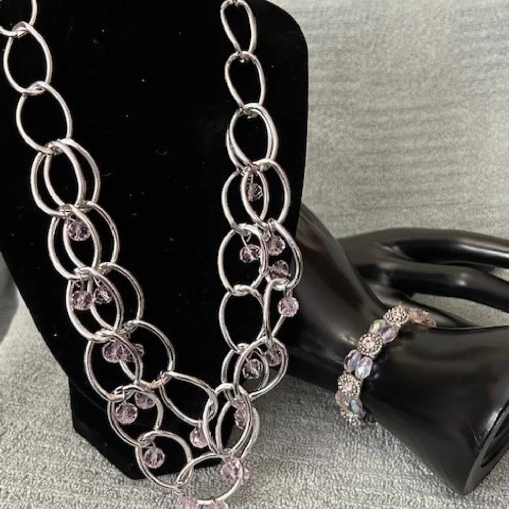 Pink & Silver Necklace and Bracelet - Picture 2 of 6